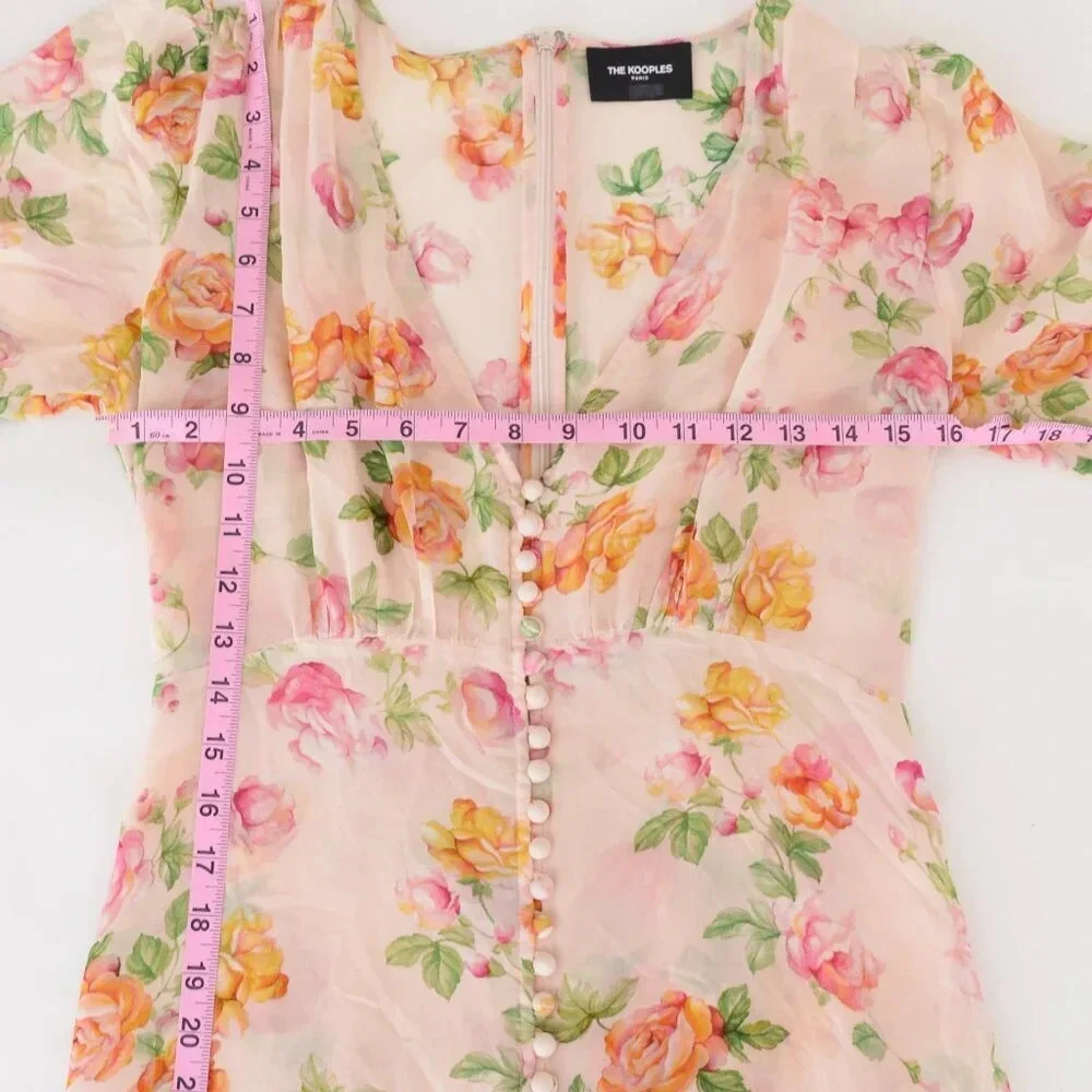 Kooples  Antique Pink Floral 100% Silk Puff Sleeve Button Down Slip Midi Dress - Picture 3 of 14